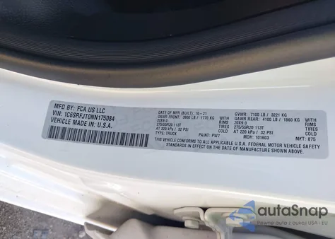 2022 Ram 1500 Laramie 4X4 5'7 Box z USA, uszkodzony, nr VIN 1C6SRFJT0NN175084